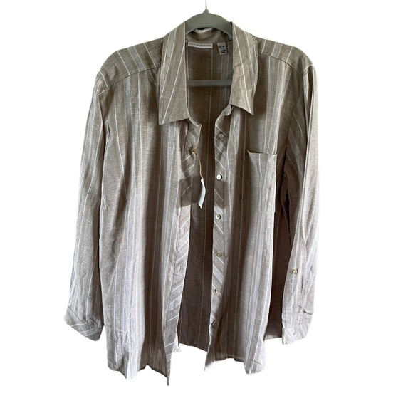 NWT Susan Graver Easy Linen Blend Cross- Dyed Tunic Khaki Stripe - Picture 2 of 11